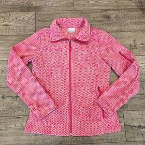 Columbia Women's Fleece Jacket Full- Zip Pink Polka Dot Size M Sleeve Zip Pocket